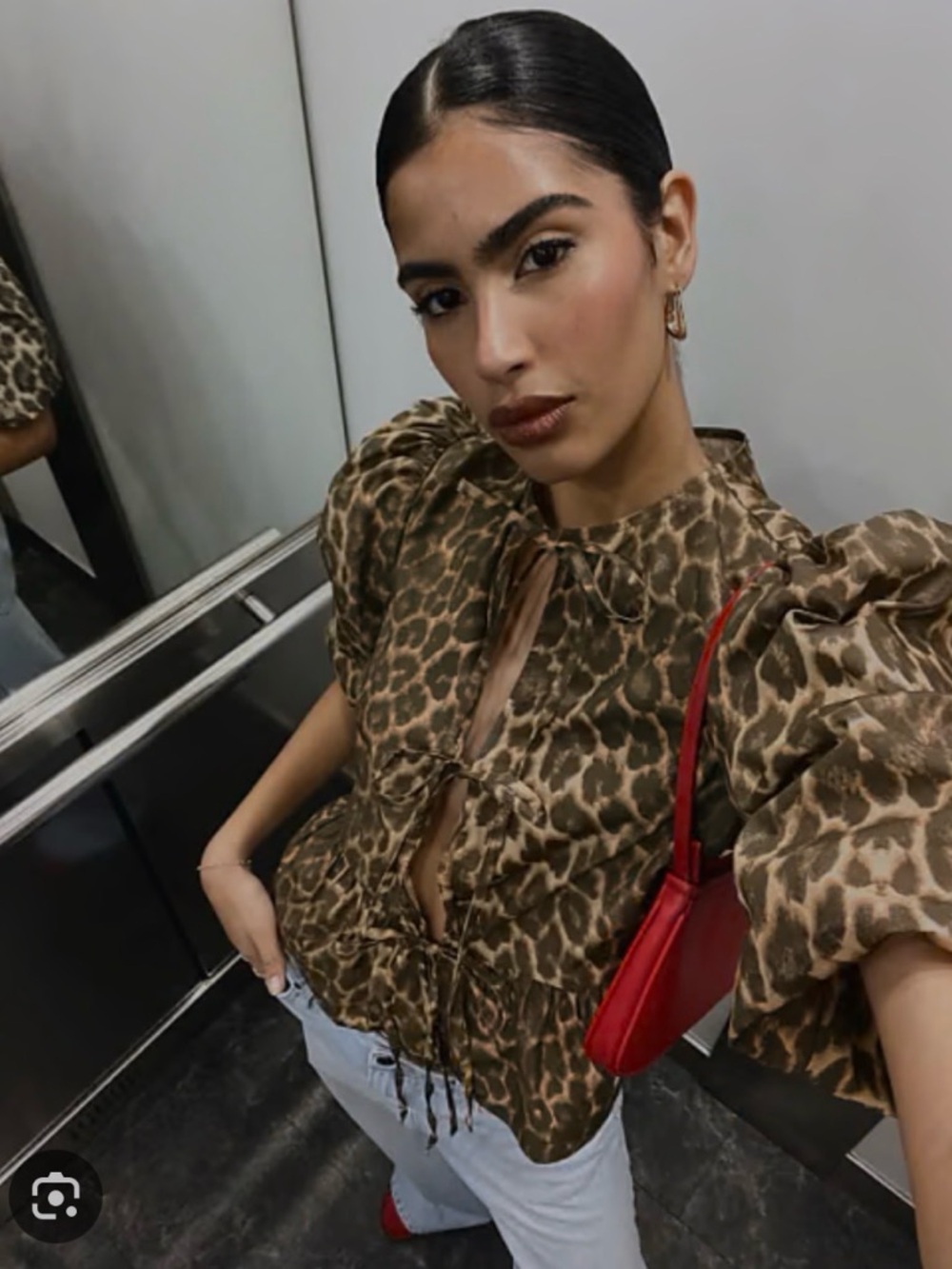 Leopard Print tie short sleeve blouse top - Tan & Black animal print